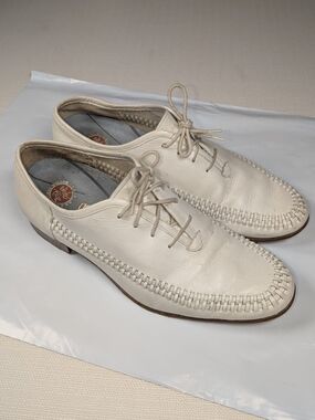 Men’s Italian Leather Oxford Shoes White Woven Detail Size 9.5
